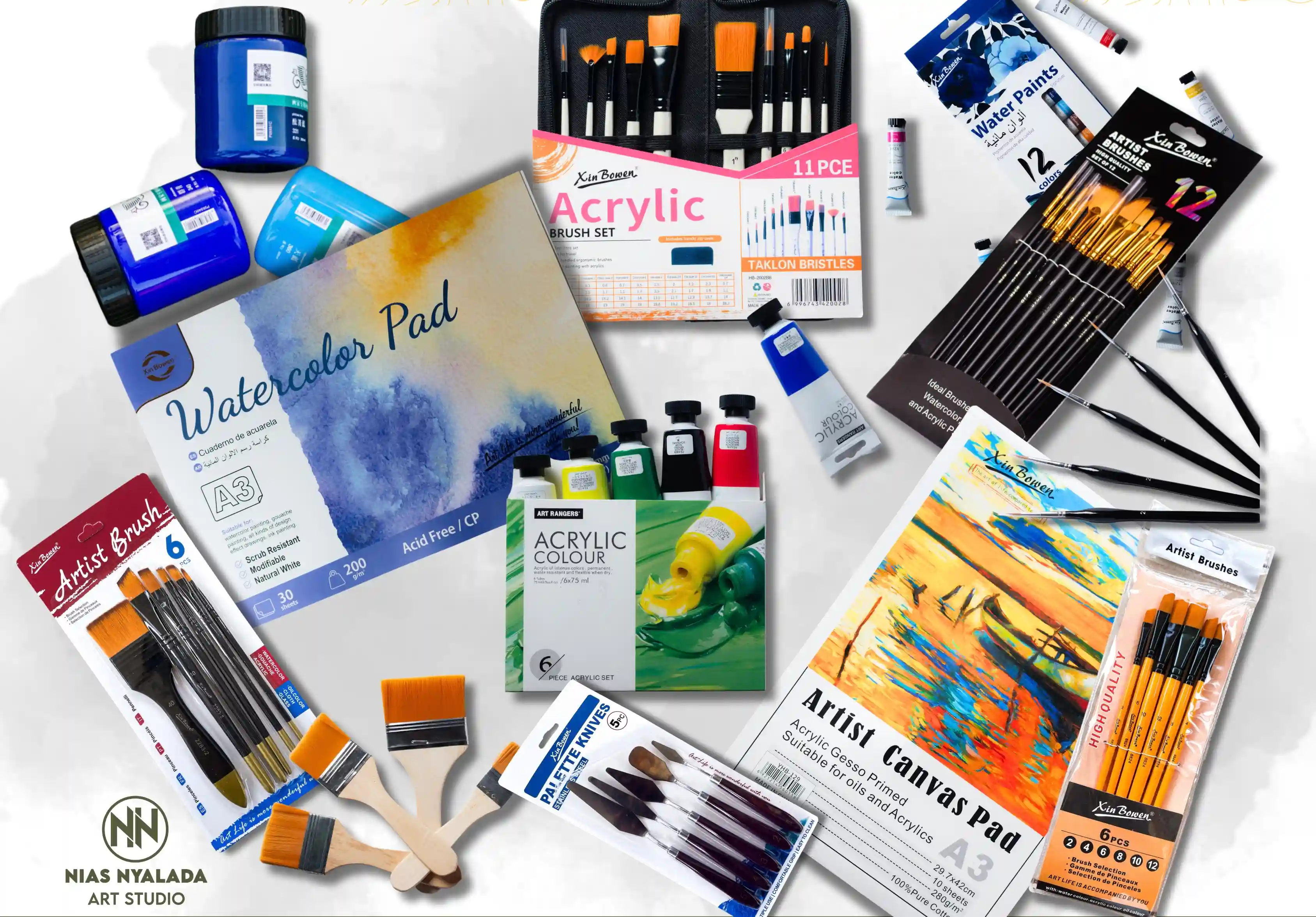 Professional Art Supplies available at Nias Nyalada Art Studio - Display of quality painting materials