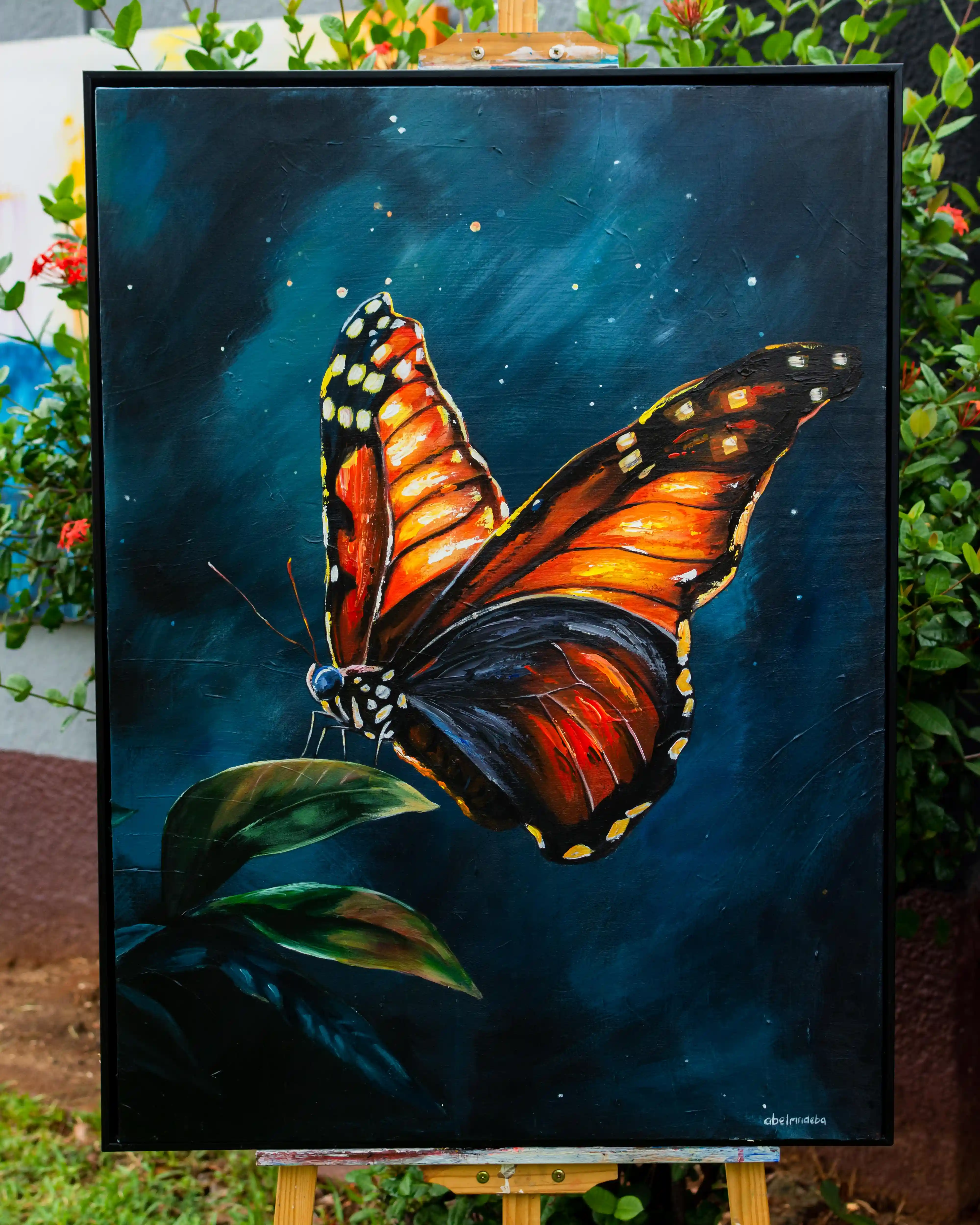 Butterfly on the Leaf - Vibrant painting of a butterfly by Abel