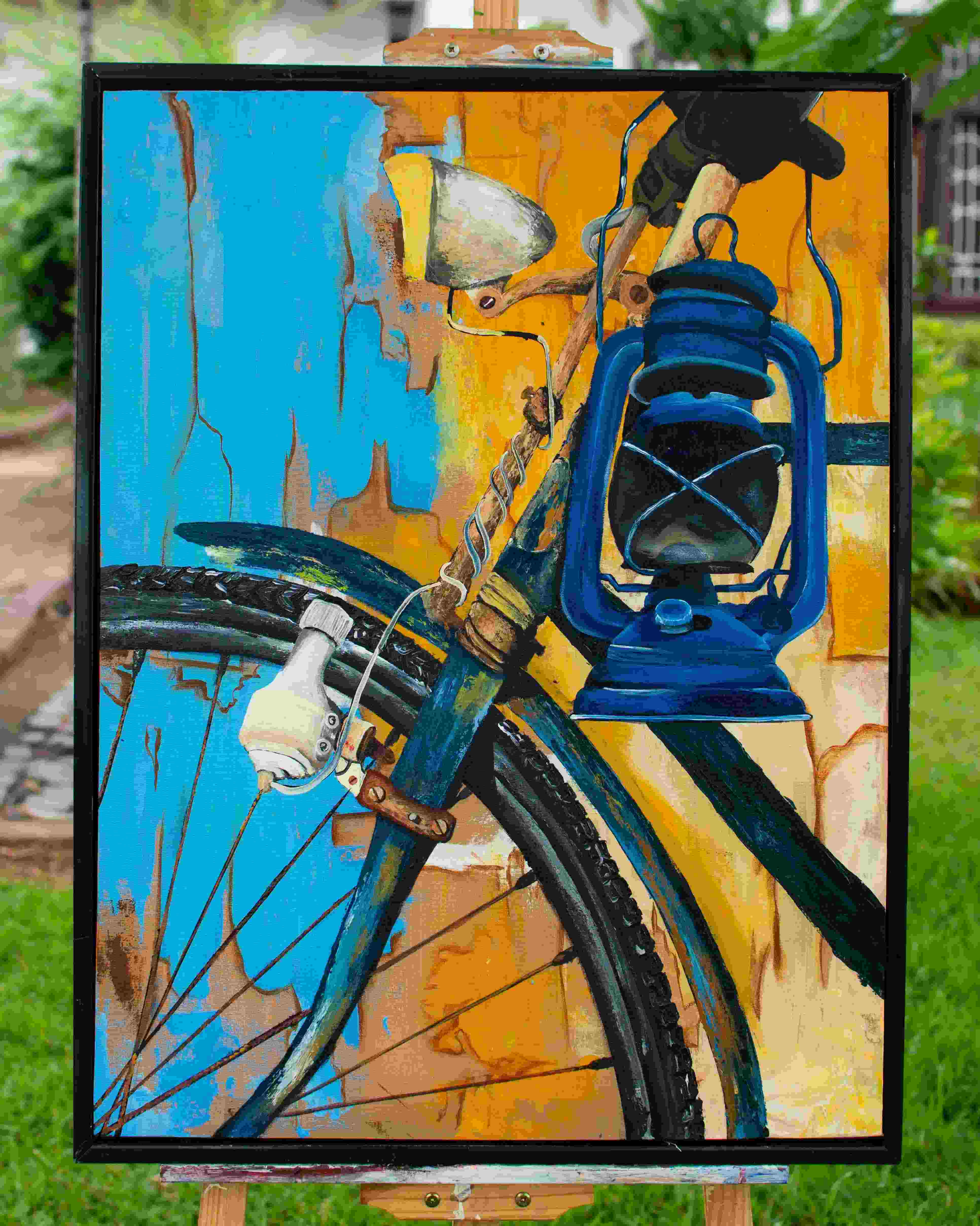 New Beginnings - Colorful painting of a lantern on a bicycle by Sisa